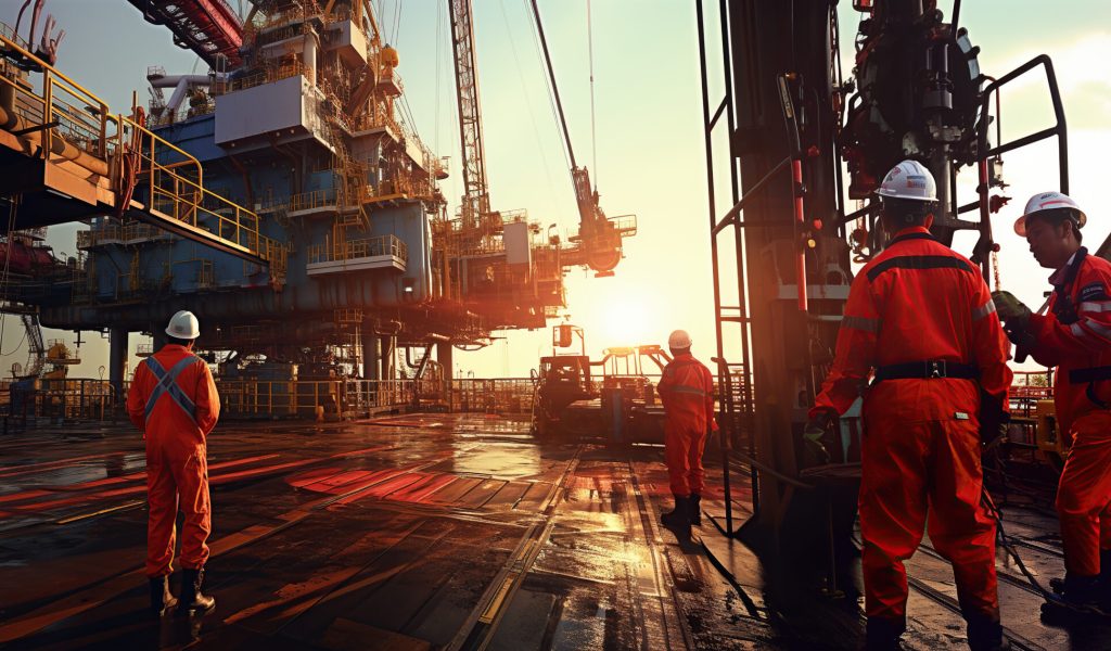 engineer stands on an oil drilling platform amidst the vast sea, working to extract vital resources.Generated with AI